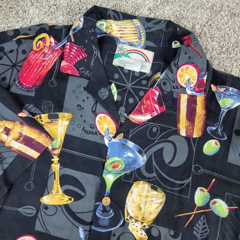 Paradise‎ Found Mens Small Black AOP Cocktails Hawaiian Short Sleeve
